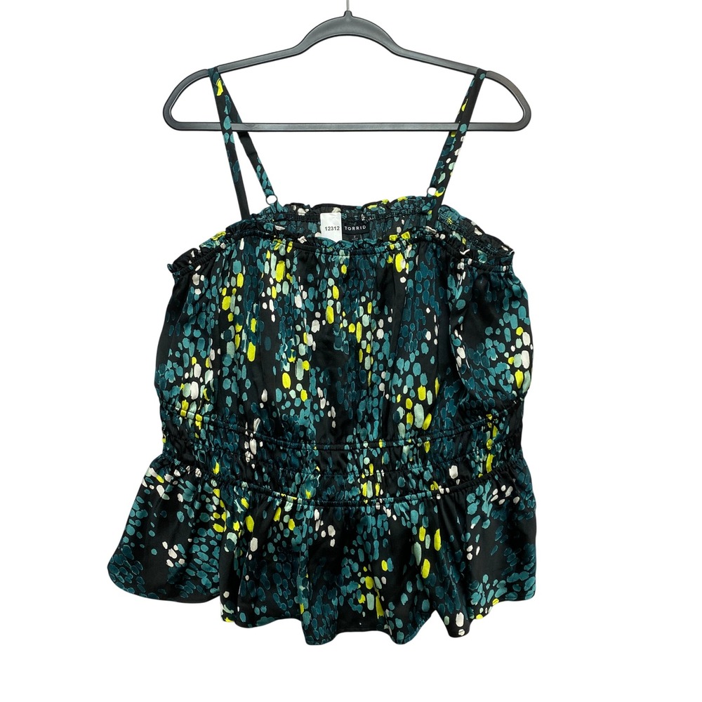 Torrid Cami Top Womens 2X Black Teal Abstract Dot Smocked Adjustable Strap
